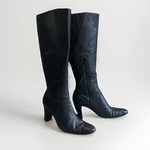 Vintage Nine West Black Leather Knee-High Heeled Dress Boots 90s